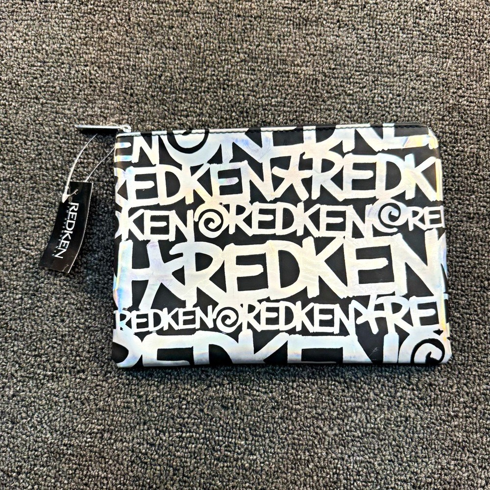 REDKEN Logo Print Faux Leather Zip Clutch Bag Medium Black White Women